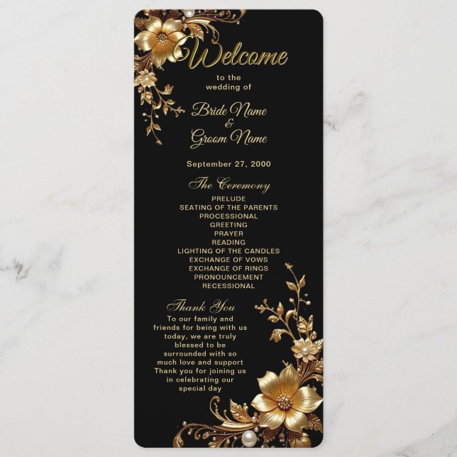 Programa de Boda con Marco Adornado Floral Dorado (Anverso)