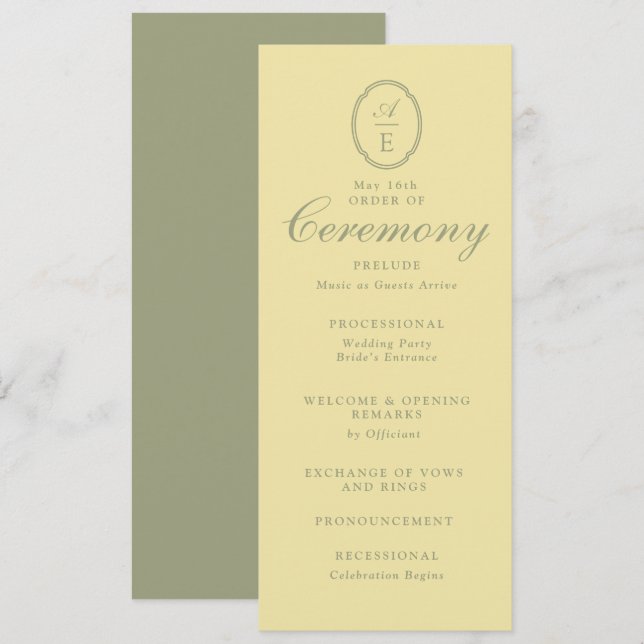 Programa de Boda con Monograma Amarillo Mantequill (Anverso / Reverso)
