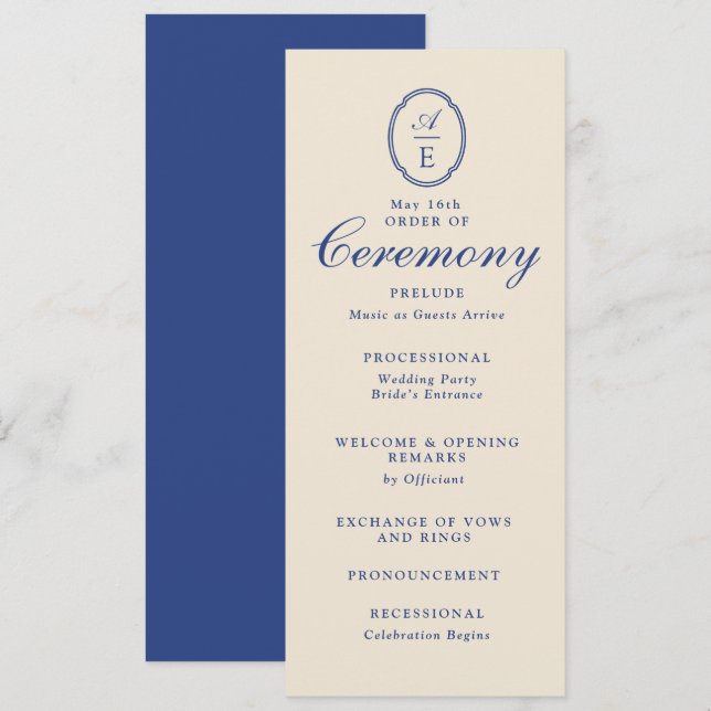 Programa de Boda con Monograma Azul Francés (Anverso / Reverso)