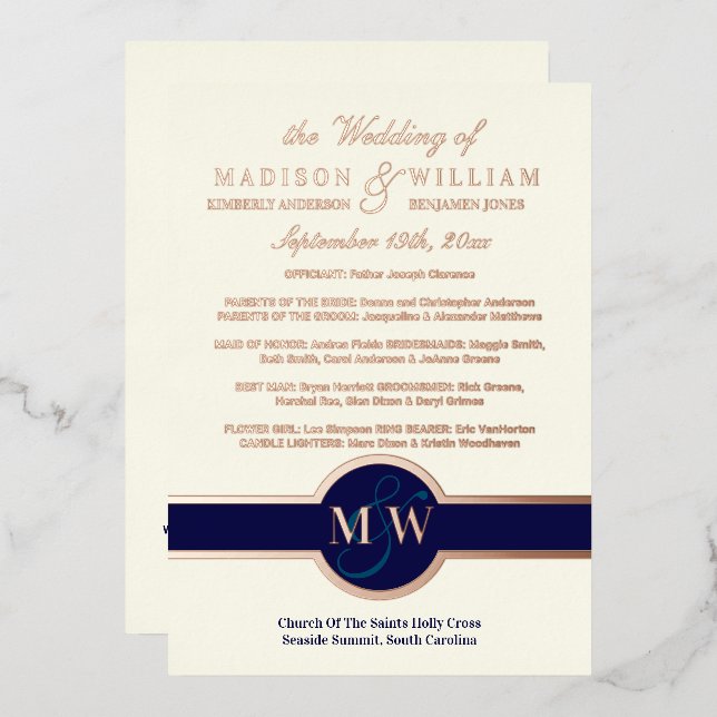 Programa de Boda con Monograma de Lujo Azul Marino (Anverso/Reverso)