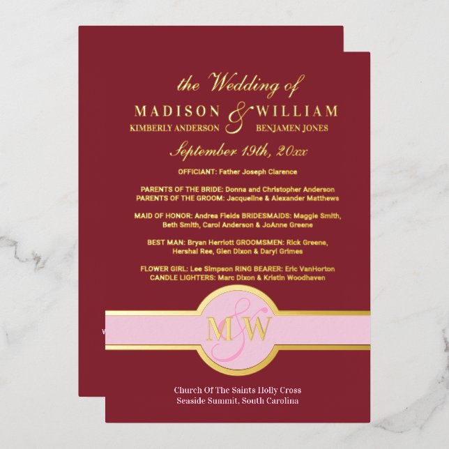 Programa de Boda con Monograma de Lujo Burgundy Go (Anverso/Reverso)
