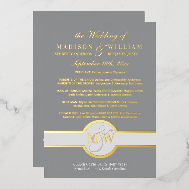 Programa de Boda con Monograma de Lujo Gris y Dora (Anverso/Reverso)