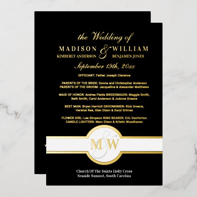 Programa de Boda con Monograma de Lujo Negro y Dor (Anverso/Reverso)