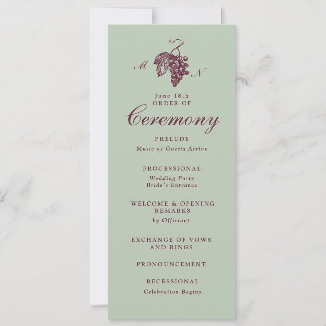 Programa de Boda con Monograma de Uva Verde Jade C (Anverso)