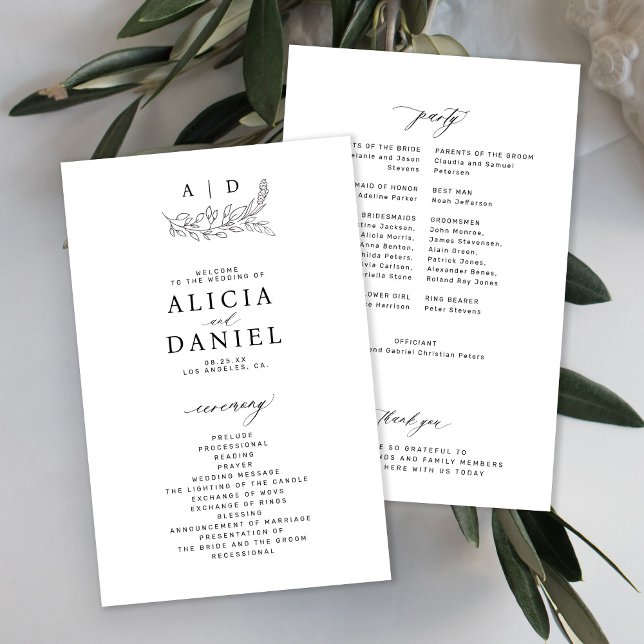 Programa de boda con monograma en blanco y negro e (Subido por el creador)