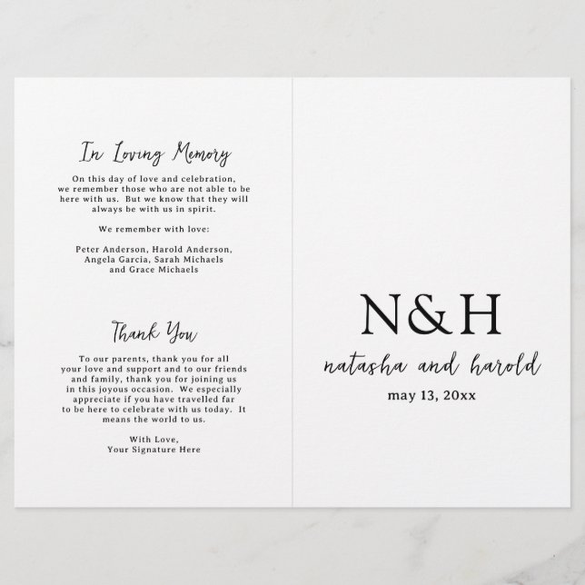 Programa de Boda con Monograma Negro y Blanco en N (Anverso)