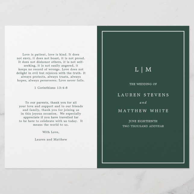 Programa de Boda con Monograma Simple Verde Bosque (Anverso)