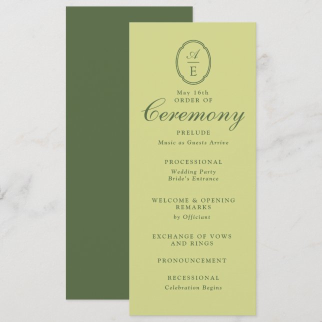 Programa de Boda con Monograma Verde Primavera (Anverso / Reverso)