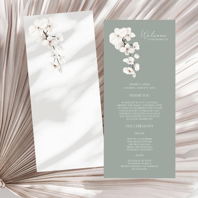 Programa de Boda con Orquídea Blanca Verde Salvia  (Modern Sage Green White Orchids Wedding Program)