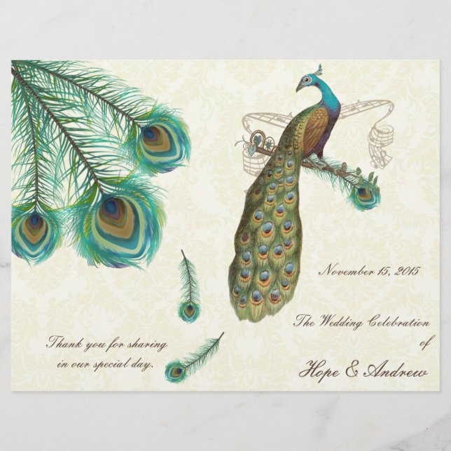 Programa de Boda con Plumas de Pavo Real sobre Dam (Anverso)
