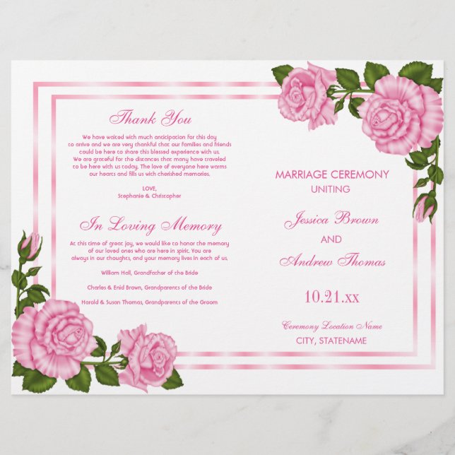 Programa de Boda con Ramos de Esquina Rosa Precios (Anverso)