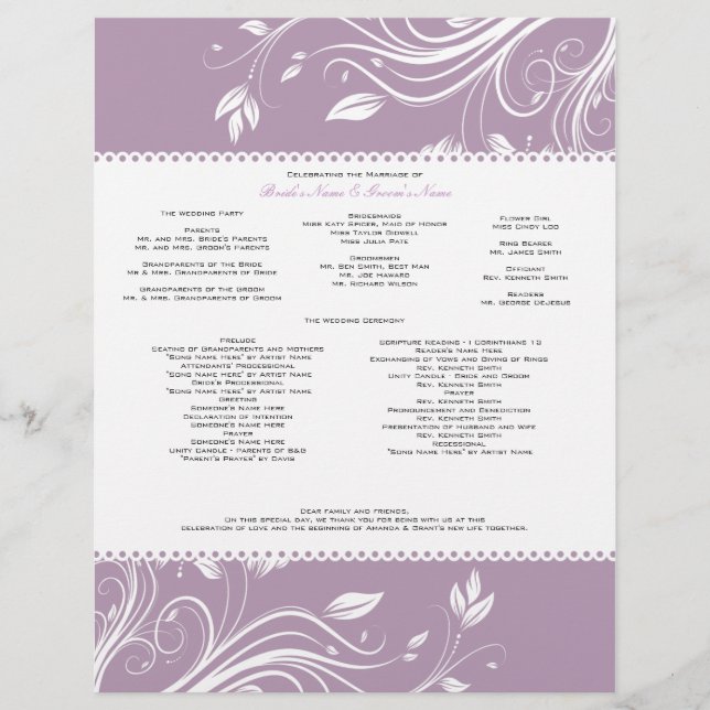 Programa de Boda con Remolinos Florales de Lavanda (Anverso)