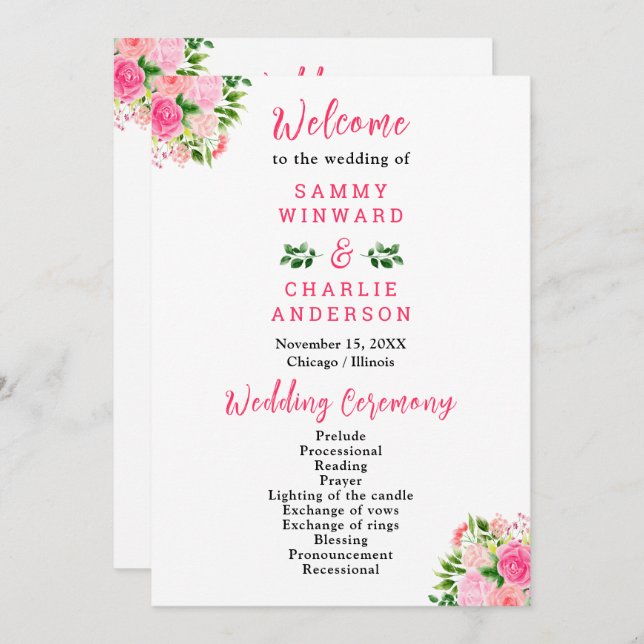 Programa de Boda con Rosas Rosadas y Follaje (Anverso / Reverso)