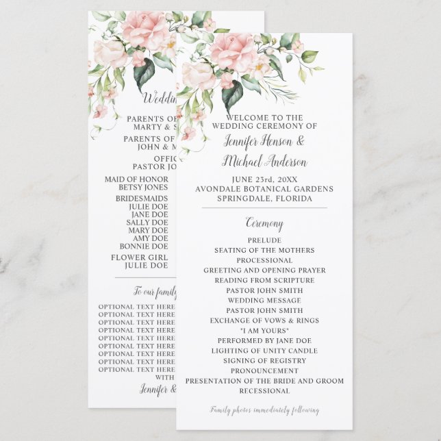 Programa de Boda con Rosas Rosadas y Vegetación de (Anverso / Reverso)