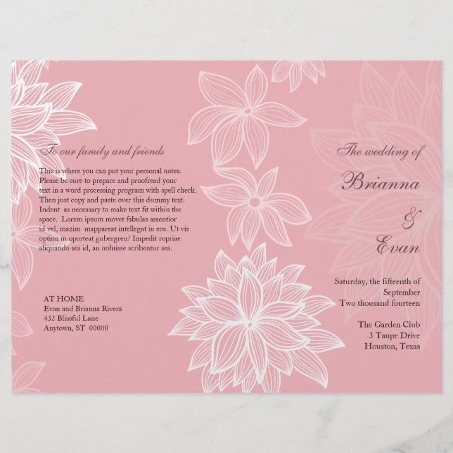 Programa de boda con rubor de flor contorneada (Anverso)
