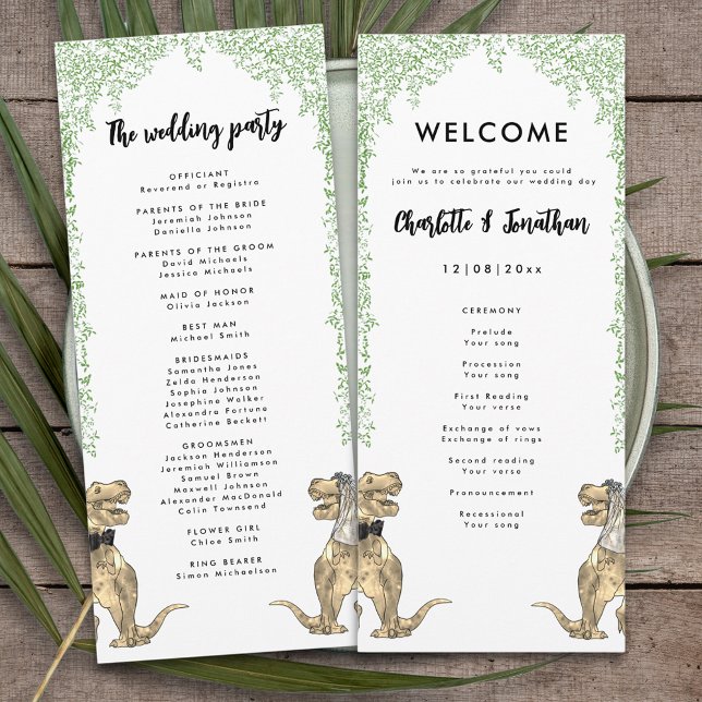 Programa de boda con tema de dinosaurios  (Dinosaur bride and groom T-Rex dino wedding day program)