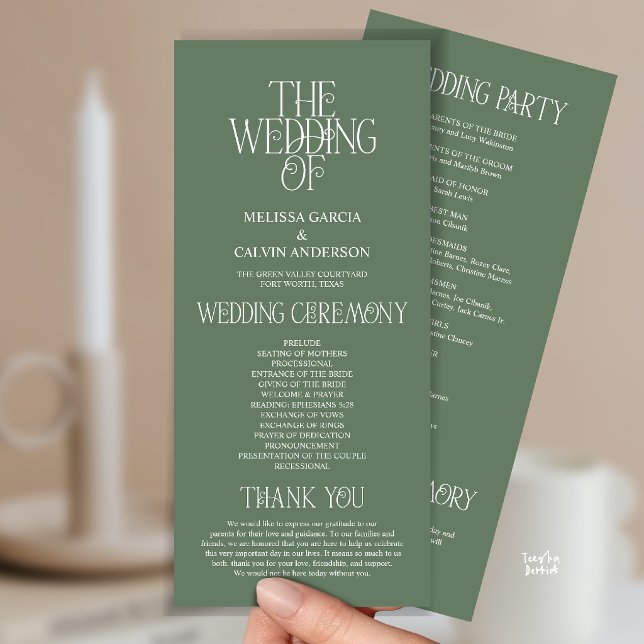 Programa de Boda con Tipografía Verde Sabio Elegan (Sage Green Typography Modern Romantic Wedding Program Card)