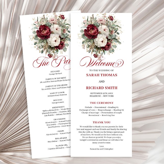 Programa de Boda con Toques de Verde y Rubor Burgu (Stylish Blush Burgundy Greenery Wedding Program)