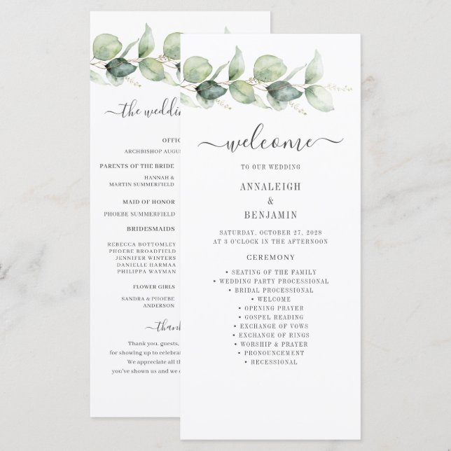 Programa de Boda con Verde de Eucalipto Botánico (Anverso / Reverso)