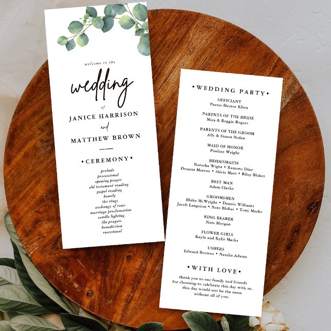 Programa de Boda con Verde de Eucalipto Rústico (Eucalyptus greenery wedding program guides your ceremony with rustic charm and clear flow.)