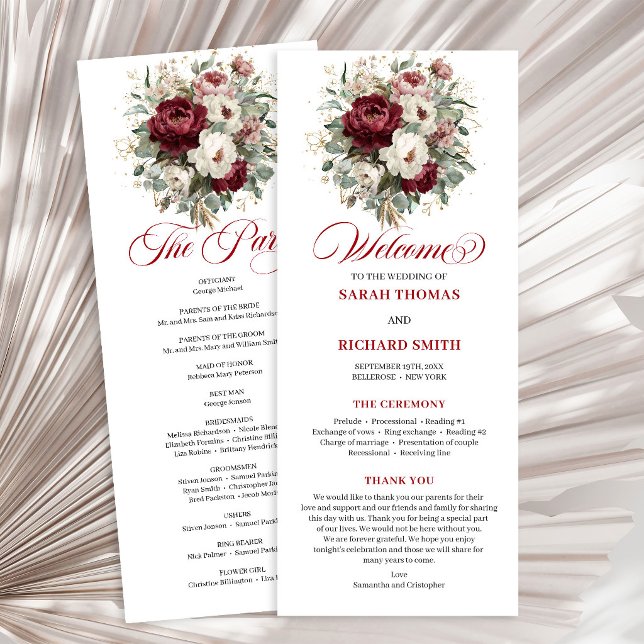 Programa de Boda con Verde y Rubor Burgundy de Mod (Trendy Blush Burgundy Greenery Wedding Program)