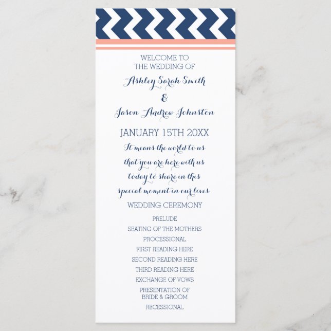 Programa de Boda Coral Blue Chevron (Anverso)