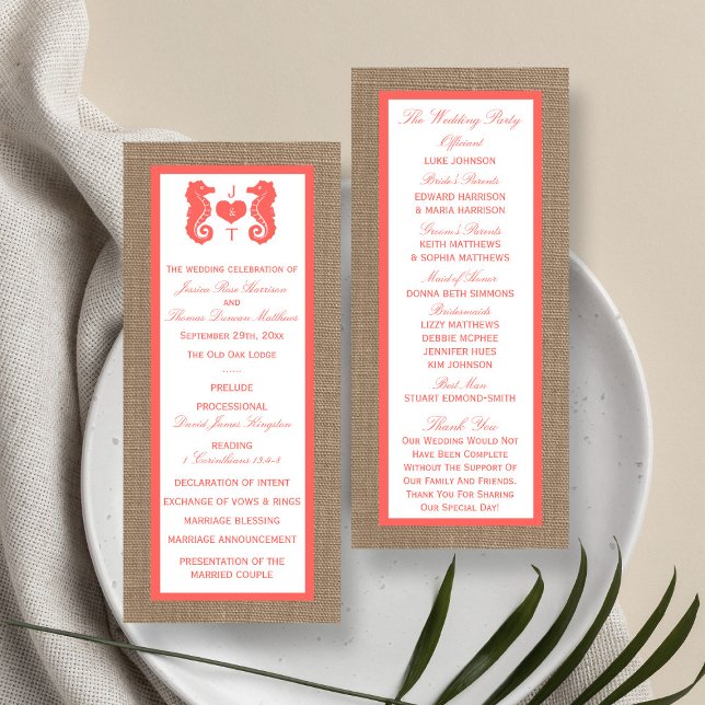 Programa de Boda Coral Seahorse Burlap Beach (Subido por el creador)