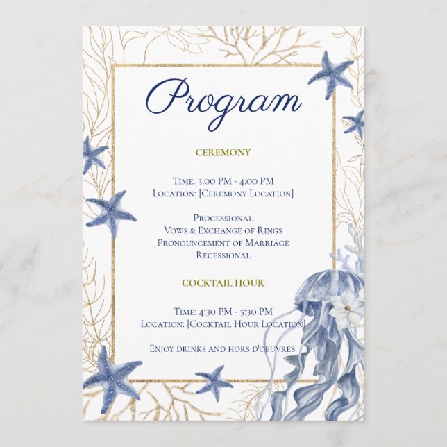 Programa de Boda Costera Azul y Dorado (Anverso)