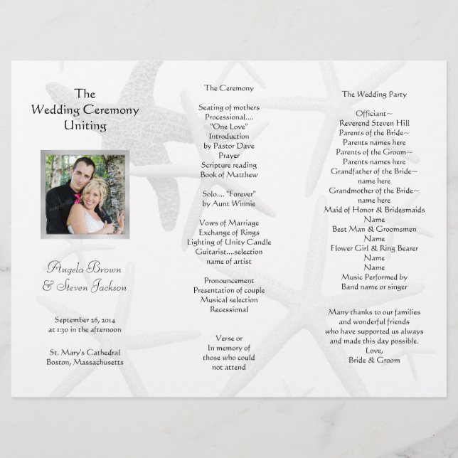 Programa de boda costera de estrella de mar plegab (Anverso)