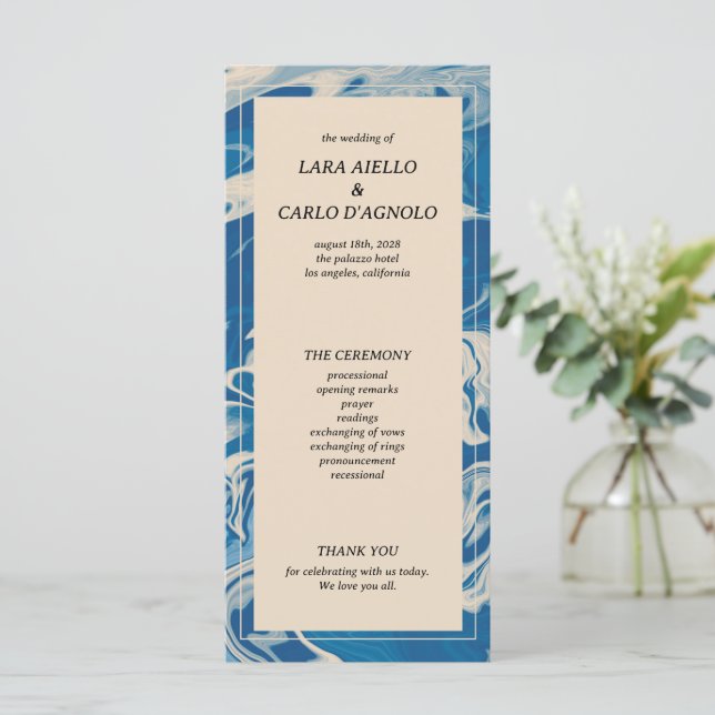 Programa de Boda Costera Moderna de Mármol Azul (Anverso de pie)