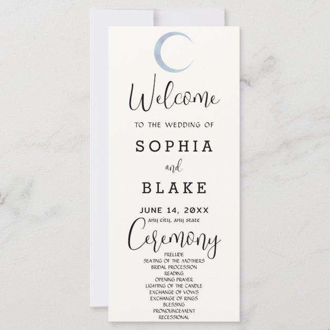 Programa de Boda Crema Blanco Luna Creciente Azul (Anverso)