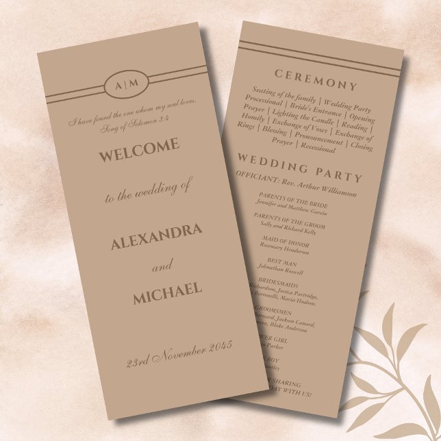 Programa de boda cristiano marrón beige monograma (Subido por el creador)