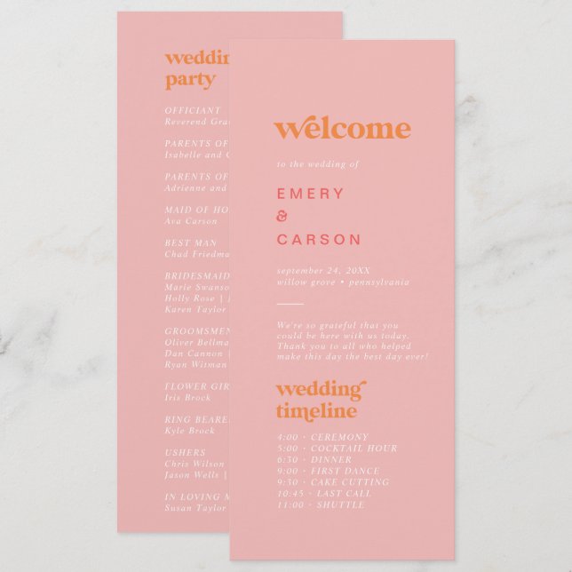 Programa de Boda Cronológico Rosa Naranja Verano R (Anverso / Reverso)