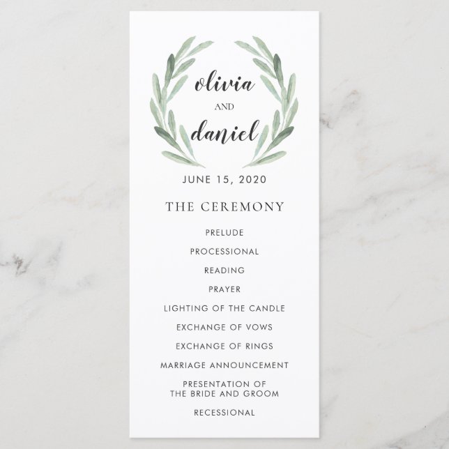Programa de Boda Cursiva de Hojas de Olive Wreath (Anverso)