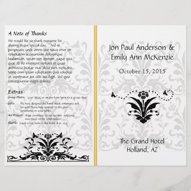 Programa de Boda de Abejas Amarillas Bumble Damask (Anverso)