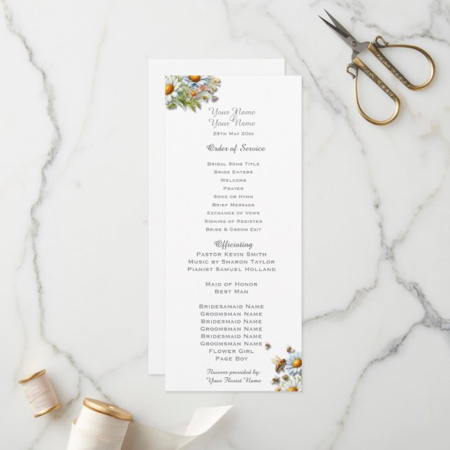 Programa de Boda de Abejas con Aquarela de Flores  (Anverso/Reverso In Situ)