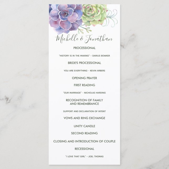 Programa de Boda de Acuarela Cactus Succulents (Anverso)