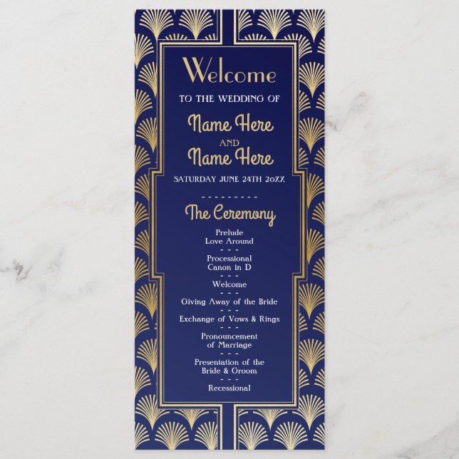 Programa de Boda de Acuarela de Oro Art Deco de 19 (Anverso)