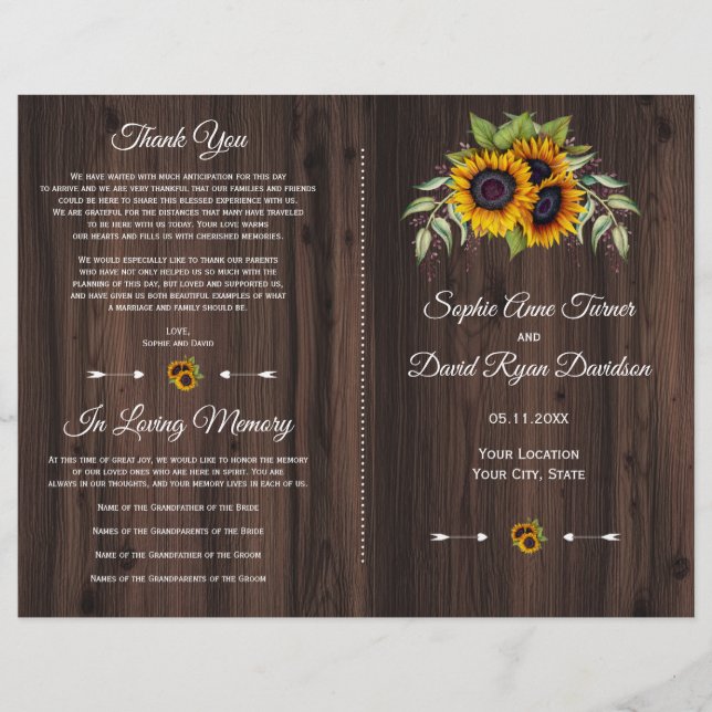 Programa de Boda de Acuarela Rústica de Girasoles  (Anverso)
