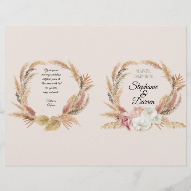 Programa de Boda de Agua Floral Pampas Palm Boho (Anverso)