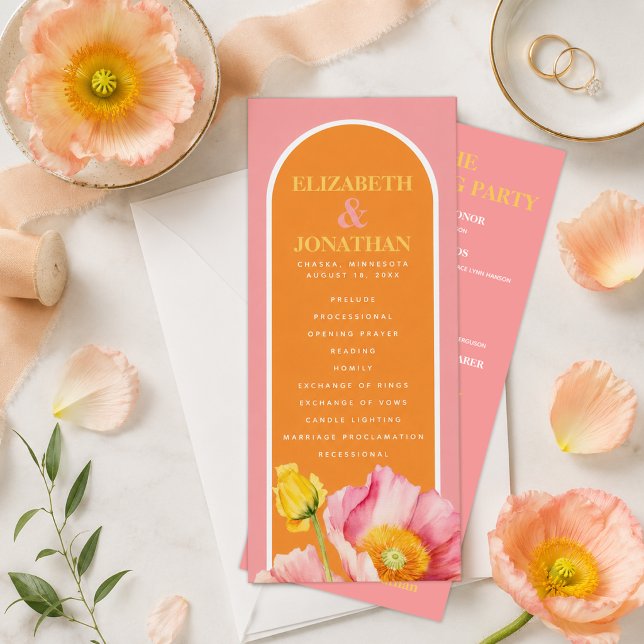 Programa de Boda de Amapolas Naranja Rosa Melocotó (Modern Peach Pink Orange Poppies Wedding Program)