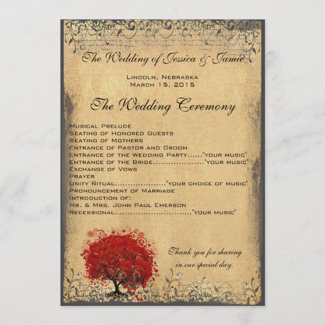 Programa de Boda de Árbol de Hoja de Corazón Quema (Anverso)