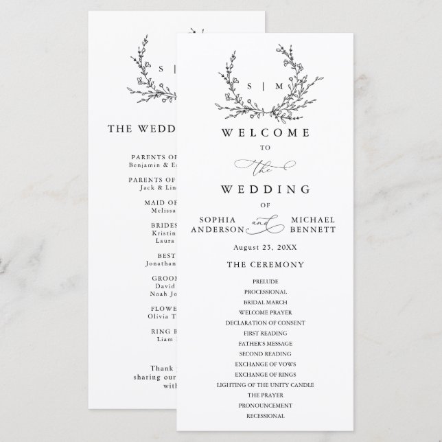 Programa de Boda de Arte de Línea Floral Minimalis (Anverso / Reverso)