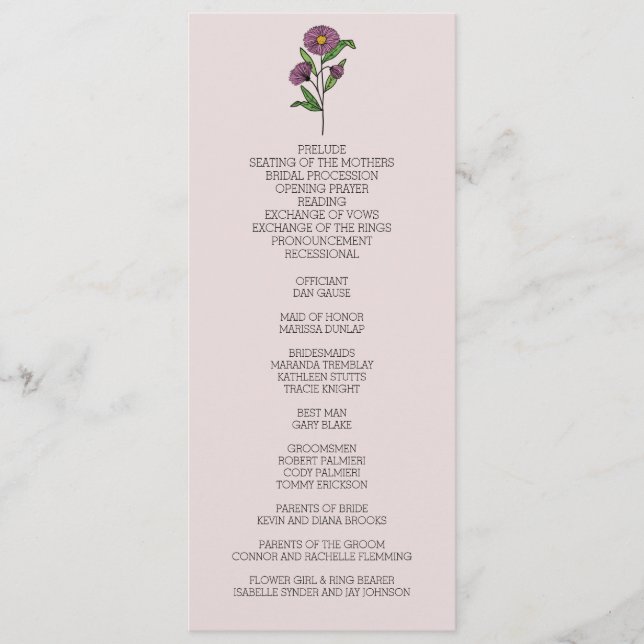 Programa de Boda de Aster Púrpura minimalista (Anverso)