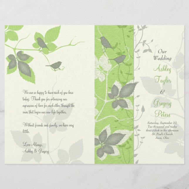 Programa de Boda de Aves Gris y Vides Verdes (Anverso)
