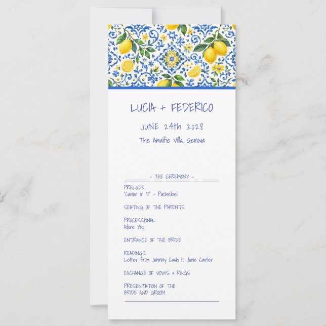 Programa de boda de azulejo mediterráneo limón mod (Anverso)