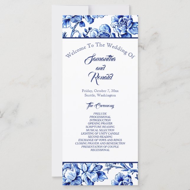 Programa de Boda de Azulejos Florales Azul y Blanc (Anverso)