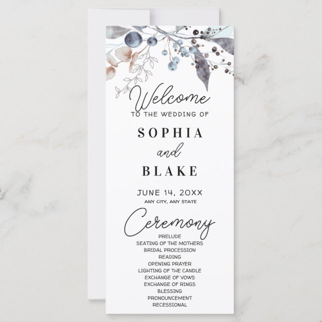 Programa de Boda de Bayas y Verdor Azul y Gris (Anverso)