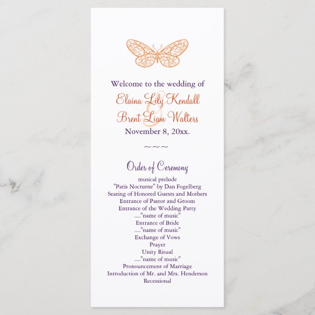 Programa de Boda de Besos de Mariposa (naranja y p (Anverso)