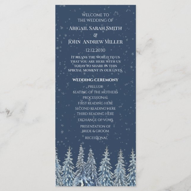 Programa de Boda de Bosque Rústico Invernal Azul (Anverso)